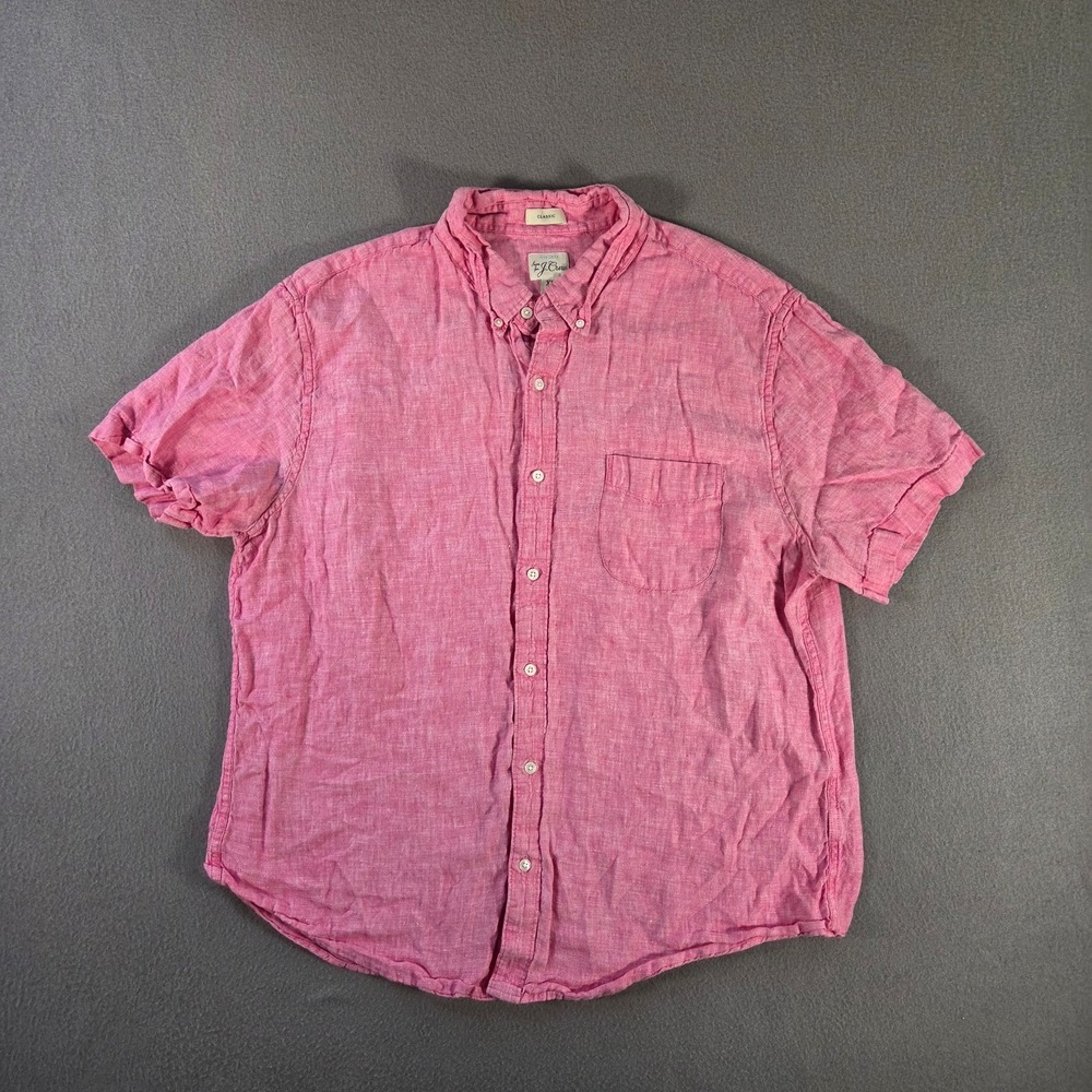 J Crew Shirt Mens XL Pink Irish Linen Classic Fit Short Sleeve Button Down
